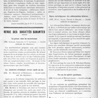 0908 - Page 911 - Partie scientifique. Clinique médicale. Traitement du rhumatisme chronique déformant, Hôtel-Dieu : M. le professeur Gilbert / Revue des sociétés savantes. La grippe chez les nourrissons, (MM. Achard, Leblanc, et J. Lavedan. — Société médicale des hôpitaux) / Les néphrites chroniques revues après un an / La valeur du chimisme gastrique, (M. Marcel Labbé. — Société médicale des hôpitaux) / Signes radiologiques des adénopathies hilaires, (MM. Méry, Salin, Detré, et Girard médicale des hôpitaux) / Un cas de syphilis gastrique / Méningites cérébro-spinales à méningocoque C, (MM. Netter, Mozer et Salanier. — Société médicale des hôpitaux)