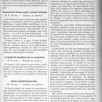 1026 - Page 1029 - Partie scientifique. Revue des sociétés savantes. Méningococcie avec parotidite, orchite et thyroïdite / Traitement de l’hérédo-syphilis : les asiles Welander, (M. F. Balzer. — Académie de médecine) / Le dosage des impotences par un enregistreur, (M. Dausset. — Académie de médecine) / Sérums antipneumococciques, (M. Truche. — Académie de médecine) / Pathogénie de l’accès palustre : la crise hémoclasique initiale, (M. P. Abrami et Senevet. — Société médicale des hôpitaux)