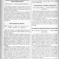 1027 - Page 1030 - Partie scientifique. Revue des sociétés savantes. Pathogénie de l’accès palustre : la crise hémoclasique initiale, (M. P. Abrami et Senevet. — Société médicale des hôpitaux) / Injections intra-veineuses d’urotropine dans le typhus exanthématique, (M. Glatard). — Société médicale des hôpitaux) / L’anti-anaphylaxie digestive, (MM. Pagniez et Pasteur-Valléry-Radot. — Société médicale des hôpitaux) / L’interprétation de la fièvre cryptogénique, (M. Léopold-Lévi. — Société médicale des hôpitaux) / La réaction de Bordet-Wassermann en sérum frais, (M. R. Bénard et M. Pinard. — Société médicale des hôpitaux)