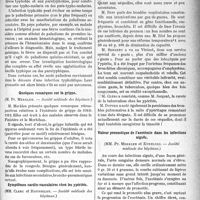 1068 - Page 1071 - Partie scientifique. Revue des sociétés savantes. Traitement des pleurésies séro-fibrineuses par la pneumoséreuse, (M. P. Emile-Weil. — Académie de médecine) / Paludisme et infections typhoïdes, (MM Job et Hirtzmann. — Société médicale des hôpitaux) / Quelques remarques sur la grippe, (M. Pr. Merklen. — Société médicale des hôpitaux) / Symptômes cardio-vasculaires chez les ypérités, (MM. Clerc et Rousselot. — Société médicale des hôpitaux) / Valeur pronostique de l’azotémie dans les infections aiguës, (MM. Pr. Merklen et Kudelski. — Société médicale des hôpitaux)