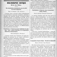 1077 - Page 1080 - Partie scientifique. Thérapeutique appliquée. Le traitement de l’épilepsie par le Dial, (Suite) / Bibliographie critique, Revue des Thèses. Des localisations anormales du pou du pubis et de leur diagnostic, par le Docteur J. -B. Savelli / Contribution à l’étude des kystes hydatiques du poumon. Leurs modes d’infection et de suppuration. Déductions thérapeutiques, par le Docteur L. Bourrat / Contribution à l’étude du shock traumatique (étude critique), par le Docteur François Fénélon / L’amputation fémoro-tibiale. Procédé de Sabaneieff, par le Docteur Jean Bertin