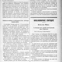 1124 - Page 1127 - Partie scientifique. A travers la presse. La diététique des néphrites [(Paris médical)] / Traitement médical et chirurgical de la névralgie faciale rebelle [Bull. méd] / Bibliographie critique. Revue des Thèses. Le drainage de la grande cavité pleurale dans l’empyème, par le Docteur Louis Phélip