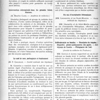 1167 - Page 1170 - Partie scientifique. L’hygiène du tuberculeux. La tuberculose dans les postes, (M. Beaufumé. — Académie de médecine) / Intervention chirurgicale dans les grandes hématémèses, (M. Maurice Cazin. — Académie de médecine) / Le mal de mer, pathogénie et traitement, (M. P. Cazamian. — Société médicale des hôpitaux) / Sur l’hospitalisation des tuberculeux, (MM. Kuss et Courcoux. — Société médicale des hôpitaux) / Un cas d’encéphalite léthargique, (MM. Lhermitte et de Saint-Martin. — Société médicale des hôpitaux) / Sclérodermie en bandes. — Paralysie du trapèze. - Séquelles pleuro-pulmonaires des gazés. — Anévrysme de l’aorte. — Phlegmons de l’œil, (Société de médecine de Toulouse)