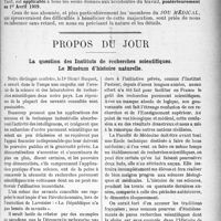 1254 - Page 1257 - Majoration du tarif Dubief / Propos du jour. La question des Instituts de recherches scientifiques. Le Muséum d’histoire naturelle [J. Noir]