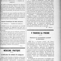 1266 - Page 1269 - Partie scientifique. Revue des sociétés savantes. Traitement du shock traumatique par la sérothérapie, (M. P. Bouchet. — Académie de médecine) / Actinomycose du cœur, (MM. Letulle et Hufnagel. —r Académie de médecine) / Diagnostic biométrique des états variqueux, (M. L. Mabille. — Académie de médecine) / Médecine pratique. La stérilisation du médecin de campagne [Dr Minot] / A travers la presse. Traitement du pneumothorax spontané du tuberculeux [(Journ. des Prat)]