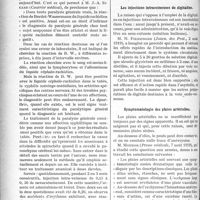 1311 - Page 1314 - Partie scientifique. A travers la presse. Paralysie générale. Diagnostic humoral rachidien et traitement [(Courrier médical)] / Les injections intraveineuses de digitaline [(Journ. des Prat, 2 août 1919)] / Symptomatologie des plaies artérielles [(Presse médicale, 7 août 1919)]