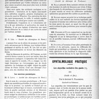 1454 - Page 1457 - Partie scientifique. Revue des sociétés savantes. Gros calcul salivaire, (M. Péraire. — Société des chirurgiens de Paris) / Plaies du poumon, (M. G. Léo. — Société des chirurgiens de Paris) / Les cavernes prostatiques, (M. G. Luys. — Société des chirurgiens de Paris) / Sinusite frontale. — Cure radicale des hernies inguinales. — Sarcome du mésentère. — Diagnostic différentiel des lésions thoraciques, (Société de chirurgie de Toulouse) / Ophtalmologie pratique. Les séquelles oculaires des gazés, par le Docteur S. Fradkine