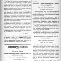 1463 - Page 1466 - Partie scientifique. Climatologie. Le climat d’altitude, (Suite et fin). IV, De la nécessité d'associer « la cure sanatoriale à la cure d’altitude » dans le traitement de nombreux malades chloro-anémiques, ou tuberculeux / Erratum / Bibliographie critique. Revue des Thèses. Essai de traitement de certains eczémas du nourrisson par l’injection de lait, par le Dr Armand Duchon / Contribution à l’étude du traitement de la broncho-pneumonie grippale, par le Dr Maurice Ferréol / Traitement précoce de l’ostéomyélite aiguë par l’abcès de fixation, par le Dr René Lamounette