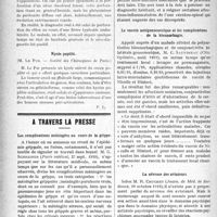 1783 - Page 1786 - Partie scientifique. Revue des sociétés savantes. Perforation du côlon dans une fièvre typhoïde ambulatoire, (M. Charles Buizard. — Société des Chirurgiens de Paris) / Kyste poplité, (M. Le Fur. — Société des Chirurgiens de Paris) / Partie scientifique. A travers la presse. Les complications méningées au cours de la grippe / Le vaccin antigonococcique et les complications de la blennorhagie / La névrose des aviateurs