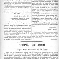 1959 - Page 1962 - La dénonciation par les assureurs de la majoration de 100/100 du tarif Dubief. Réunion des assureurs contre les accidents du travail / Propos du jour. A propos d’une interview du Dr Carrel [J. Noir]