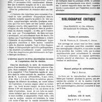 2027 - Page 2030 - Partie scientifique. A travers la presse. Les insuffisances glandulaires / Opothérapie hypophysaire et diabète insipide / L’injection massive de sérum physiologique au cours de l’amputation chez les shockés / Bibliographie critique. I, Toxines et antitoxines, par M. Nicolle, E. Césare, C. Jouan, chez Masson et Cie, éditeurs / II, Manuel pratique de météorologie, par J. Rouch, chez Masson et Cie, éditeurs / III, Arcachon, ville de santé, par le Dr F. Lalesque, chez Masson et Cie, éditeurs