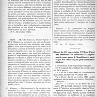 2043 - Page 2046 - Partie professionnelle. Documents officiels. A l’officiel. Questions et réponses parlementaires. Les sursis des étudiants sous les drapeaux / Dispenses de baccalauréat / Décret du 23 septembre 1919 sur l’appel des étudiants en médecine et en pharmacie pour parer à l'insuffisance numérique des médecins ou pharmaciens militaires