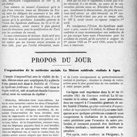 2062 - Page 2065 - Tarif Dubief. La dénonciation de la majoration de 100 % / Propos du jour. L’organisation de la médecine sociale / La Maison médicale réalisée à Agen [J. Noir]