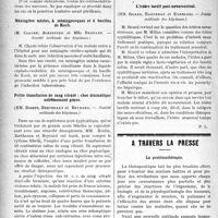 2079 - Page 2082 - Partie scientifique. Revue des sociétés savantes. Analgésie chirurgicale généralisée par voie rachidienne (cocaïnisation homogène du liquide céphalo-rachidien), (M. Paul Delmas, de Montpellier. — Académie de Médecine) / Méningites mixtes, à méningocoques et à bacilles de Roch, (M. Claude, Schaeffer et Mlle Bernard. — Société médicale des hôpitaux) / Petite transfusion de sang citraté : choc dramatique extrêmement grave, (MM. Boidin, Bertheaux et Beyrand. — Société médicale des hôpitaux) / L’ictère tardif post-novarsenical, (MM. Sicard, Haguenau et Kudelski. — Société médicale des hôpitaux) / A travers la presse. La protéinothérapie