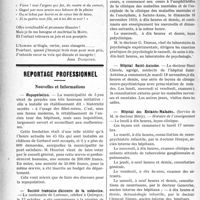 2109 - Page 2112 - Partie professionnelle. Anthologie médicale. La Promesse / Reportage professionnel. Nouvelles et Informations. Repopulation / Société française d'histoire de la médecine / Cours de clinique des maladies mentales et de l’encéphale. (Professeur: M. Dupré) / Hôpital Saint-Antoine / Hôpital des Enfants-Malades