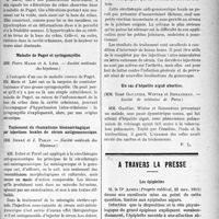 2146 - Page 2149 - Partie scientifique. Revue des sociétés savantes. Le crâne dans la maladie de Paget, (MM. Pierre Marie et André Léri. — Société médicale des hôpitaux) / Maladie de Paget et syringomyélie, (MM. Pierre Marie et A. Léri. — Société médicale des hôpitaux) / Traitement du rhumatisme blennorrhagique par injections locales de sérum antigonococcique, (MM. Debré et J. Paraf. — Société médicale des hôpitaux) / Un cas d’hépatite aiguë abortive, (MM. René Gaultier, Winter et Renaudeau. — Société de médecine de Paris) / A travers la presse. Les épiploïtes