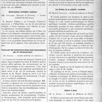 2198 - Page 2201 - Partie scientifique. Revue des sociétés savantes. La douleur des extrémités osseuses articulaires dans le rhumatisme blennorrhagique, (MM. Dufour, Gaillard et Ravina. — Société médicale des hôpitaux) / Spirochétose ictérigène atypique, (MM. Villaret, Bénard et Dumont. — Société médicale des hôpitaux) / Traitement des contractures et des états spasmodiques par les novarsenicaux, (M. Sicard. — Société médicale des hôpitaux) / Les lavements de bile dans la constipation, (MM. Bensaude et Vicente. — Société médicale des hôpitaux) / Les lésions de la syphilis viscérale, (M. Maurice Letulle. — Société de médecine de Paris. ) / Cancer à deux, (M. A. Blind. — Société de Médecine de Paris)
