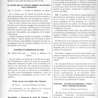 2199 - Page 2202 - Partie scientifique. Revue des sociétés savantes. Cancer à deux, (M. A. Blind. — Société de Médecine de Paris) / Le radium dans les tumeurs malignes des premières voies respiratoires, (M. A. Castex. — Société de Médecine de Paris) / Anomalies d’ossification de la rotule, (M. Albert Mouchet. — Société de Médecine de Paris) / Treize cas de rein mobile chez l’homme, (M. Pron. — Société de Médecine de Paris) / Pyométries. — Grossesse et kyste de l’ovaire. — Grossesse et cancer du col. — Ablation d'un sarcome de l'humérus au 5e mois d’une grossesse. — Pyélonéphrite gravidique. — Décollement placentaire, Société d’Obstétrique et de Gynécologie de Toulouse / Inspection oto-rhino-laryngologique scolaire. — Kyste hydatique du poumon, Société de Médecine de Toulouse
