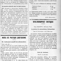 2210 - Page 2213 - Partie scientifique. A travers la presse. Dosage clinique rapide de l’albumine et du glucose / La pression artérielle dans les états anxieux / Notes de pratique quotidienne. Du traitement curatif de la furonculose / Bibliographie critique. La pratique du pneumothorax thérapeutique, par F. Dumarest et C. Murard, chez Masson, éditeurs, Paris / Précis de biochimie, par E. Lambling, chez Masson, éditeurs, Paris