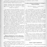 2255 - Page 2258 - Partie scientifique. Revue des sociétés savantes. La déshydratation du pancréas dans le coma diabétique, (MM. Chauffard et Grigaut. — Société médicale des hôpitaux) / Accidents péritonéaux dans la pneumococcie aiguë, (MM. Flandin, Debray et Françon. — Société médicale des hôpitaux) / Examen radiologique des viscères abdominaux après injection d’oxygène dans la cavité péritonéale, (MM. Ribadbau-Dumas, Mallet et de Laulerie. — Société médicale des hôpitaux) / Les signes physiques et radiologiques de l’adénopathie trachéo bronchique, (M. Armand-Delille. — Société médicale des hôpitaux) / Diabète et goître exophtalmique, (M. Marcel Labbé. — Société médicale des hôpitaux)