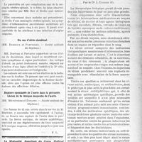 2256 - Page 2261 - Partie scientifique. Revue des sociétés savantes. Diabète et goître exophtalmique, (M. Marcel Labbé. — Société médicale des hôpitaux) / Parotidite au déclin d’une méningite cérébro-spinale, (MM. Serr et Brette. — Société médicale des hôpitaux) / Un cas d’ulcus duodénal, (MM. Durieux et Parturier. — Société médicale des hôpitaux) / Rupture spontanée de l’aorte dans le péricarde. Lésion de la tunique moyenne de l'aorte, (MM. Ménétrier et Durand. —-Société médicale des hôpitaux) / Biologie. Des médications biologiques, par le Dr A. Darier