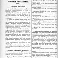 0057 - Page 56 - Partie professionnelle. Documents officiels. A l’officiel. Circulaire du 17 décembre 1919 fixant le régime de permissions à appliquer aux médecins, pharmaciens, dentistes et officiers d’administration du service de santé, de réserve et de l’armée territoriale, autorisés à effectuer un stage d’instruction avec solde dans les conditions prévues par la loi du 30 octobre 1919 / Reportage professionnel. Nouvelles et Informations. Tribunaux départementaux des Pensions / Recensement des compétences des médecins de complément