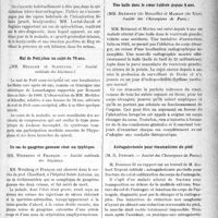 0224 - Page 223 - Partie scientifique. Revue des sociétés savantes. A propos des paludéens et des dysentériques libérés, Mesures prophylactiques, (Académie de médecine) / Spirochétose et signes d’intoxication biliaire, (Société médicale des hôpitaux) / Mal de Pott chez un sujet de 70 ans, (Société médicale des hôpitaux) / Un cas de gangrène gazeuse chez un typhique, (Société médicale des hôpitaux) / Une balle dans le coeur tolérée depuis 4 ans, (Société des Chirurgiens de Paris) / Astragalectomie pour traumatisme du pied, (Société des Chirurgiens de Paris)