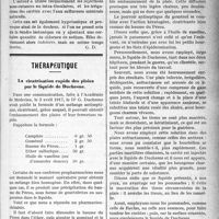 0230 - Page 229 - Partie scientifique. A travers la presse. Les injections d’eau distillée [(Cour, méd. janvier 1920)] / Thérapeutique. La cicatrisation rapide des plaies par le liquide de Duchesne [Dr Paul Boudin]