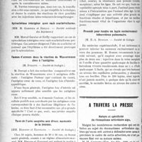 0353 - Page 352 - Partie scientifique. Revue des sociétés savantes. Rougeole maligne et plasmothérapie, (Société médicale des hôpitaux) / Spirochétose ictérigène avec rash scarlatiniforme, (Société médicale des hôpitaux) / Causes d’erreurs dans la réaction de Wassermann dues à l’antigène, (Société de biologie) / Taux de l’urée sanguine aux divers moments de la journée, (Société de biologie) / La résistance aux poisons d’après l’âge, (Société de thérapeutique) / Procédé pour rendre un lapin exclusivement, Société de biologie / A travers la presse. Nature et spécificité du rhumatisme articulaire aigu [(Gaz. des hôp, 1920, n° 1)]
