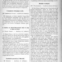 0416 - Page 415 - Partie scientifique. Revue des sociétés savantes. Encéphalite léthargique et réaction méningée, (Académie de médecine) / L’encéphalite léthargique à Lille, (Académie de médecine) / La réaction de Bordet-Wassermann dans le sang et dans les urines, (Académie de médecine) / L’ophtalmie granuleuse à Marseille, (Académie de médecine) / Cancer de l’estomac et hypersécrétion continue, (Société de médecine de Paris) / Hérédité et épilepsie, (Société de médecine de Paris) / Angine érosive du pilier antérieur, (Société médicale des hôpitaux)