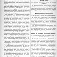 0549 - Page 548 - Partie scientifique. Revue des sociétés savantes. Empyème chronique traité par l'opération de Delorme, (Académie de médecine) / Grippe et peste pulmonaire, (Académie de médecine) / Astragalectomie pour fracture de l’astragale. Résultat éloigné, (Société des chirurgiens de Paris) / Métrorrhagies d’origine syphilitique, (Société des chirurgiens de Paris) / Fracture de Dupuytren vicieusement consolidée, (Société de Chirurgie) / Constitution d’un pouce avec le 1er métacarpien, (Société de Chirurgie)