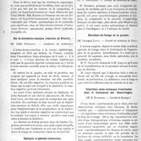 0597 - Page 596 - Partie scientifique. Revue des sociétés savantes. L’hyperfonctionnement rénal dans les états fébriles, (Académie de médecine) / Sur la diphtérino-réaction (réaction de Schick), (Académie de médecine) / Epilepsie et glandes endocrines, (Société de médecine de Paris) / Présentation d’appareils allemands de prothèse, (Société de médecine de Paris)'/ Résultats du forage de la prostate, (Société de médecine de Paris) / Injections intra-veineuses d’adrénaline dans le traitement des hémorrhagies, (Société de Biologie) / Action du microbe bactériophage, (Société de Biologie)