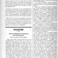 0925 - Page 924 - Partie scientifique. Revue des sociétés savantes. Troubles de la sensibilité d’origine centrale. — Tumeur sous-maxillaire. — Encéphalite léthargique. — Appendicite oblitérante. — Péricardite infantile suppurée. — Tumeur axillaire, (Société anatomo-clinique de Toulouse) / Psychiatrie. Sur les méthodes de traitement des toxicomanies, par le Dr Mignon