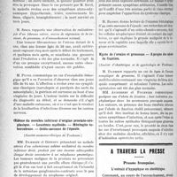 1055 - Page 1054 - Partie scientifique. Revue des sociétés savantes. Fièvre bilieuse hémoglobinurique. — Radiothérapie d’un fibrome utérin. — Encéphalite léthargique, (Société de médecine de Toulouse) / Oedème du membre inférieur d’origine prostato-néoplasique. — Leucémie myéloïde. — Méningite tuberculeuse. — Ostéo-sarcome de l’épaule, (Société anatomo-clinique de Toulouse) / Kyste de l’ovaire et grossesse. — A propos des abcès de fixation, (Société d’obstétrique et de gynécologie de Toulouse) / A travers la presse. Presse française. L’extrait d’hypophyse en obstétrique [(L’Hôpital, février 1920 B)]