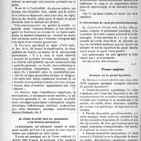 1057 - Page 1056 - Partie scientifique. A travers la presse. Presse française. Technique de l’accouchement prématuré artificiel [(Gaz, des sc. méd. de Bordeaux, 22 fév. 1920)] / Le signe du plexus solaire chez les déséquilibrés du ventre [(Paris méd, 14 fév. 1920)] / Le citrate de soude dans les pneumonies et les bronche-pneumonies, (Presse médicale ; 14 février 1920) / Le taurocholate de soude préventif de la blennorragie [(Presse méd, 14 fév. 1920)] / Presse anglaise. Quelques cas de pseudo-dysenteries [(British med. Journ, 21 fév 1920)]