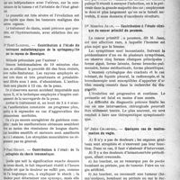 1194 - Page 1193 - Partie scientifique. Bibliographie critique. Revue des Thèses. Thèses de Montpellier. Contribution à l’étude du cancer primitif de l’ovaire, par Dr Maurice Roquelaure / Contribution à l’étude du traitement radiothérapique de la syringomyélie par les rayons de Roentgen, par Dr Henri Saignol / Contribution à l’étude de la pathogénie du shock traumatique, par Dr Paul Herry / Les tétanos postsériques, par Dr Lucien Carrière / Contribution à l’étude clinique du cancer primitif du poumon, par Dr Maurice Jean / Quelques cas de malformation du vagin, par Dr Jules Champeil