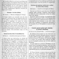 1248 - Page 1247 - Partie scientifique. Revue des sociétés savantes. Les vitamines et les champignons, (Société de Biologie) / Le virus de l’encéphalite léthargique, (Société de biologie) / Anomalie du sinus latéral, (Réunion biologique de Nancy) / Calculs des deux reins et immobilisation, (Société des chirurgiens de Paris) / Troubles mentaux au cours d’une phébite du sinus latéral, (Société des chirurgiens de Paris) / Infection post-abortum traitée par le sulfate de cuivre intra-veineux, (Société des chirurgiens de Paris) / Gangrène gazeuse guérie après injection de sérum de Weinberg, (Société de chirurgie)