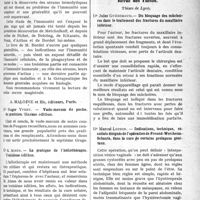1250 - Page 1249 - Partie scientifique. Bibliographie critique. Revue des Livres. Les infections gangréneuses des membres consécutives aux blessures de guerre, par G. Lardennois et J. Baumel, Masson et Cie, éditeurs à Paris / Traité de l’immunité dans les maladies infectieuses, par Dr Jules Bordet, Masson et Cie, éditeurs à Paris / Vade-mecum de poche du praticien. Sixième édition, par Dr Roger Yvert, A. Maloine et fils, éditeurs, Paris / La pratique de l’héliothérapie. Troisième édition, par Dr A. Aimes, A. Maloine et fils, éditeurs, Paris / L’éducation des enfants anormaux et arriérés, Mlles P. Sécelles et A. Dekock, A. Maloine et fils, éditeurs, Paris / Revue des Thèses. Thèses de Lyon. Du bloquage des mâchoires dans le traitement des fractures du maxillaire inférieur, par Dr Jules Guérimaud / Indications, technique, résultats éloignés de l’opération de Freund-Wertheim-Schauta, dans la cure, de certains prolapsus génitaux, par Dr Marcel Loison