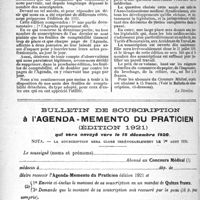 1251 - Page 1250 - L’agenda-memento du praticien, édition 1921 / Bulletin de souscription à l'agenda-memento du praticien (édition 1921)