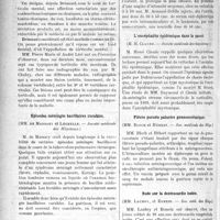 1375 - Page 1374 - Partie scientifique. Revue des sociétés savantes. Paris. Le facteur « sexe » dans certaines maladies infectieuses, (Société médicale des hôpitaux) / Lésions vertébrales et torticolis « mentaux », (Société médicale des Hôpitaux) / Episodes méningés bacillaires curables, (Société médicale des Hôpitaux) / Sérothérapie anti-diphtérique : doses élevées ; voies intra-musculaire et sous-cutanée, (Société médicale des Hôpitaux) / L’encéphalite épidémique dans le passé, (Société médicale des hôpitaux) / Fièvre pseudo-palustre gonococcémique, (Soc. médicale des Hôp) / Note sur la dextrocardie isolée, (Soc. méd. des Hôp)