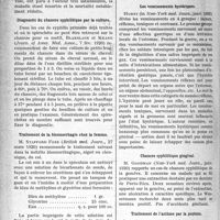 1433 - Page 1432 - Partie scientifique. A travers la presse. Presse anglaise. Traitement de la pneumonie grippale par le sérum de convalescent [(Boston. Med. and Surg. Journ, 11 déc. 1919)] / Diagnostic du chancre syphilitique par la culture [(Journ. of Amer. Med. Assoc, 7 fév. 1920)] / Traitement de la blennorrhagie chez la femme [(British med. Journ, 27 mars 1920)] / Abcès du poumon, chez les enfants [(Amer. Journ. dis. of children, fév. 1920)] / Les vomissements hystériques [(in New-York med. Journ, janv. 1920)] / Chancre syphilitique gingival [(New-York med. Journ, janv. 1920)] / Traitement de l’asthme par la peptone [(British med. Journ, 24 avril 1920)]