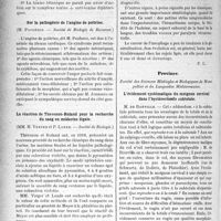 1437 - Page 1436 - Partie scientifique. Revue des sociétés savantes. Paris. Sur l’action des toxines microbiennes entre elles, (Société de Biologie) / Sur la pathogénie de l’angine de poitrine, (Société de Biologie de Bucarest) / La réaction de Thevenon-Roland pour la recherche du sang en médecine légale, (Société de Biologie) / Signes fonctionnels du cancer de l’oesophage, (Société de médecine de Paris) / Province. Société des Sciences Médicales et Biologiques de Montpellier et du Languedoc Méditerranéen. L’évidement systématique du moignon cervical dans l’hystérectomie subtotale / Grossesse dans un utérus fibromateux