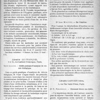 1634 - Page 1633 - Partie scientifique. Bibliographie critique. Revue des Livres. Législation française en vigueur sur l’Assistance et la Bienfaisance / Guide pratique d’analyses de chimie biologique, par René Clogne, Librairie le François, Paris / La génération humaine 9e édition 1920, par Dr G. J. Witkowski, A. Maloine et Fils, editeurs, Paris / De l'émétine, par Dr Jean Mouttet / Comment élever nos bébés, par Dr P. Pironneau, Librairie Garnier frères, Paris