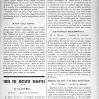 1744 - Page 1751 - Partie scientifique. Travail original. A travers la presse. Presse anglaise. Traitement de l’éclampsie par la transfusion sanguine [(British. Méd. Journ. 6 mai 1920)] / La vulvo-vaginite infantile [(New-York med. Journ. 20 mars 1920)] / Revue des sociétés savantes. Un voeu du Dr Roux, (Académie de Médecine) / Le syndrome parkinsonien dans l’encéphalite léthargique, (Acad. de méd) / Les sels cériques dans la tuberculose, (Académie de Médecine) / Diagnostic des abcès de la région bucco-dentaire, (Société de Biologie)