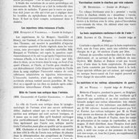 1745 - Page 1752 - Partie scientifique. Travail original. Revue des sociétés savantes. Le sucre protéidique chez les diabétiques, (Société de Biologie) / Les injections intra-veineuses d’huile, (Société de biologie) / Rôle de l’azote non uréique dans l’urémie, (Société de Biologie) / Vaccination contre le charbon par voie cutanée, (Société de Biologie) / La buée respiratoire renferme-t-elle de l’urée ?, (Société belge de Biologie) / La nutrition et les rations alimentaires de guerre, (Société belge de Biologie) / L'absorption de l'huile dans le poumon, (Soc. belge de biologie)