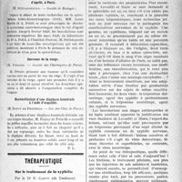 1748 - Page 1755 - Partie scientifique. Travail original. Revue des sociétés savantes. L'absorption de l'huile dans le poumon, (Soc. belge de biologie) / Le spirochète ictéro-hémorrhagique chez le rat d’égoût, à Paris, (Société de Biologie) / Sarcome de la verge, (Société des Chirurgiens de Paris) / Reconstitution d’une diaphyse humérale à l’aide d’esquilles, (Soc. des Chir. de Paris) / Thérapeutique. Sur le traitement de la syphilis