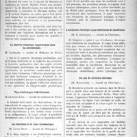 1856 - Page 1863 - Partie scientifique. Revue des sociétés savantes. Dégénérescence maligne des fibromes utérins, (Société de médecine de Paris) / La néphrite chronique hypertensive chez les prostatiques, (Société de Médecine de Paris) / Thyroïdothérapie infinitésimale, (Société de médecine de Paris) / Les infections et le choc traumatique, (Société de Chirurgie) / L’occlusion chronique sous-vatérienne du duodénum, (Société de Chirurgie) / Un cas de virilisme surrénal, (Société de Chirurgie)