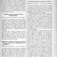 1920 - Page 1927 - Partie scientifique. Revue des sociétés savantes. Technique pour la récolte du sang par ponction veineuse, (Société de biologie) / Prévention du typhus au moyen de sérum de convalescents, (Soc. de biologie) / Traitement de l’urticaire, de la maladie de Quincke et du rhume des foins par l’autosérothérapie désensibilisatrice, (Soc. méd. des hôp) / La réaction de Schick en prophylaxie militaire, (Société médicale des hôp)