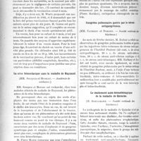 2079 - Page 2086 - Partie scientifique. Revue des sociétés savantes. Paris. La vaccination précoce des nouveau-nés, (Académie de médecine) / La crise hémoclasique dans la maladie de Raynaud, (Académie de médecine) / Trois cas d’oblitération de l’aorte, (Soc. méd. des hôpitaux) / Gangrène pulmonaire guérie par le sérum antigangréneux, (Société médicale des hôpitaux) / Le traitement auto-hémothérapique de la maladie de Quincke, (Société médicale des hôpitaux)