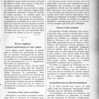 2134 - Page 2141 - Partie scientifique. A travers la presse. Presse française. Traitement de l’aérophagie [(L’Hôpital, juin 1920 B)] / Presse anglaise. Traitement radiothérapique de l’acné vulgaire [(British med. Journ. 22 mai 1920)] / Les fonctions rénales dans la scarlatine [(Americ. Journ. of diseas. of child. mars 1920)] / La contagion tuberculeuse par les ustensiles de table [(Amer. Journ. of med. Assoc. 17 avril 1920)] / Tumeurs d’huile camphrée [(Arch. of derm. and syph. mars 1920)] / La dysesthésie dans les affections médullaires [(British med. Journ. 26 juin 1920)]